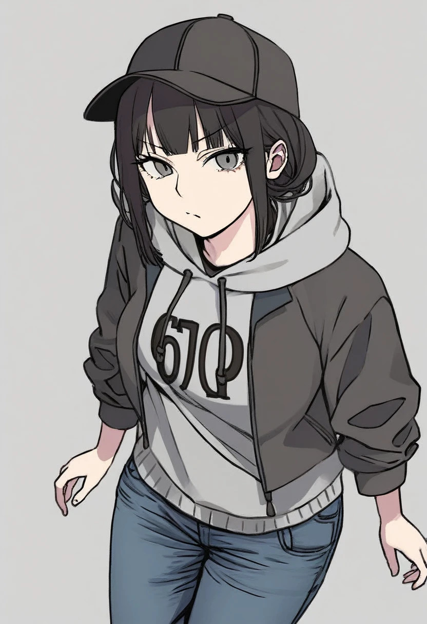 score_9, score_8_up, score_7_up, score_6_up, Character concept art of a pale skinned woman, skinny, grey eyes, scar on face, hoodie, baseball cap, annoyed face, hime cut black hair, jeans, fashionable, thick outlines, line weight, high detail, white background, high detail establishing shot. cinematic, use of color theory and contrasting shadow tints.