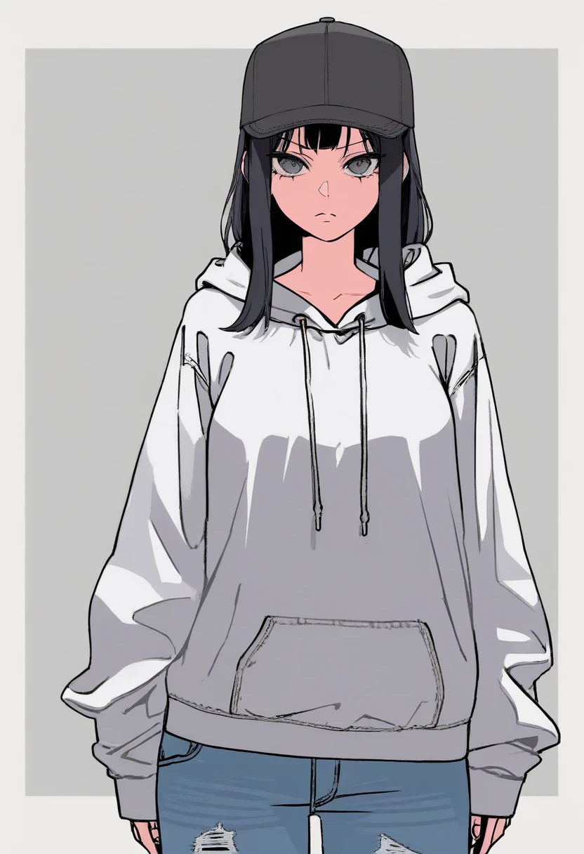 score_9, score_8_up, score_7_up, score_6_up, Character concept art of a pale skinned woman, skinny, grey eyes, scar on face, hoodie, baseball cap, annoyed face, hime cut black hair, jeans, fashionable, thick outlines, line weight, high detail, white background, high detail establishing shot. cinematic, use of color theory and contrasting shadow tints.