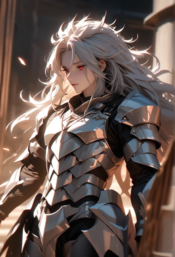 (solo), grey hair, messy hair, mane hair, long hair, dense hair, wild hair, expressive hair, mature,(25 year old), pale skin, red eyes, ((man)), wearing a silver armor, armored arms, armored legs, claws,, handsome, attractive, eye reflection, depth of field, thunder aura,cinematic lighting, ray tracing, depth of field, cinematic lighting, ray tracing, UHD, high details, best quality, highres, high quality, award winning, super detail, masterpiece, 8k, UHD, high details, best quality, highres, high quality, award winning, super detail, masterpiece, 8k, digital art, anime coloring, body shot, good face, perfect face, detailed face, good eyes