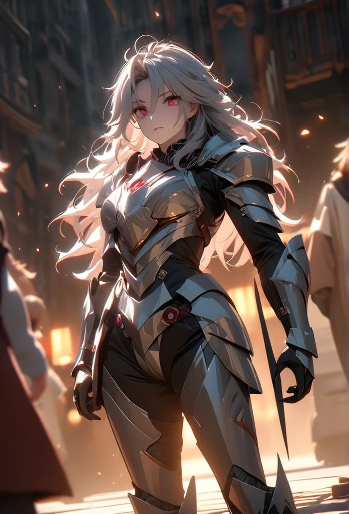 (solo), grey hair, messy hair, mane hair, long hair, dense hair, wild hair, expressive hair, mature,(25 year old), pale skin, red eyes, ((man)), wearing a silver armor, armored arms, armored legs, claws,, handsome, attractive, eye reflection, depth of field, thunder aura,cinematic lighting, ray tracing, depth of field, cinematic lighting, ray tracing, UHD, high details, best quality, highres, high quality, award winning, super detail, masterpiece, 8k, UHD, high details, best quality, highres, high quality, award winning, super detail, masterpiece, 8k, digital art, anime coloring, body shot, good face, perfect face, detailed face, good eyes