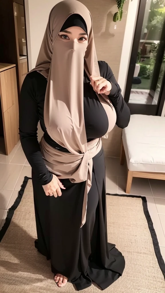 dynamic standing pose, full body photography, front view, looking at viewer, looking at audience, vaginal, POV, (wearing hijab and niqab), MILF, mature woman, voluptuous body type, hourglass figure, ample physique, defined waistline, THICC body type, thigh, muscular thigh, perspective, highly detailed, ((huge breast)), exposed breast, detailed hands, perfect hands, detailed fingers, beautiful detailed fingers, beautiful detailed eyes, brown eyes, perfect eyes, clear eyes, (((masterpiece))), ((best quality)), ((intricate detailed)), ((Hyperrealistic)), 8K, real-life precision, life-like depiction, ultra-realistic detail, unmatched realism, ((film grain, jpeg artifact, noise effect, grainy effect)), high quality, nice lighting, soft lighting, detail fingers, perfect hand, realistic, dark eyes, sexy, big breasts, thighs, wide hips, muscular, malaysia, long sleeves, Jewelry, sexy lady, asian, hijab, niqab, sexy pose, showing big thighs, nice body, natural largest breast, wearing wedding rings, hand sock, mature big body, office, sexy posing, black dress, arabic dress