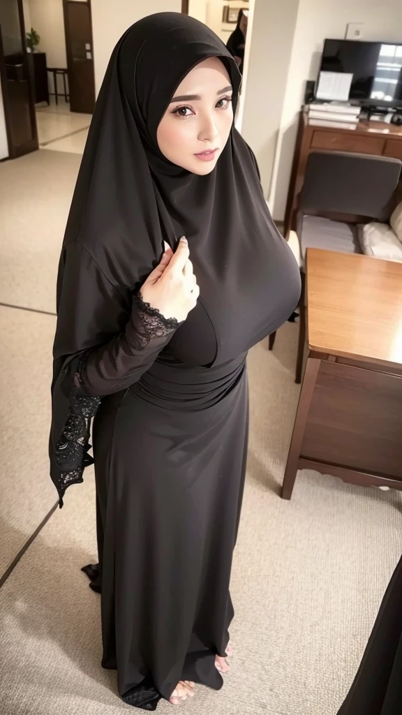 dynamic standing pose, full body photography, front view, looking at viewer, looking at audience, vaginal, POV, (wearing hijab and niqab), MILF, mature woman, voluptuous body type, hourglass figure, ample physique, defined waistline, THICC body type, thigh, muscular thigh, perspective, highly detailed, ((huge breast)), exposed breast, detailed hands, perfect hands, detailed fingers, beautiful detailed fingers, beautiful detailed eyes, brown eyes, perfect eyes, clear eyes, (((masterpiece))), ((best quality)), ((intricate detailed)), ((Hyperrealistic)), 8K, real-life precision, life-like depiction, ultra-realistic detail, unmatched realism, ((film grain, jpeg artifact, noise effect, grainy effect)), high quality, nice lighting, soft lighting, detail fingers, perfect hand, realistic, dark eyes, sexy, big breasts, thighs, wide hips, muscular, malaysia, long sleeves, Jewelry, sexy lady, asian, hijab, niqab, sexy pose, showing big thighs, nice body, natural largest breast, wearing wedding rings, hand sock, mature big body, office, sexy posing, black dress, arabic dress
