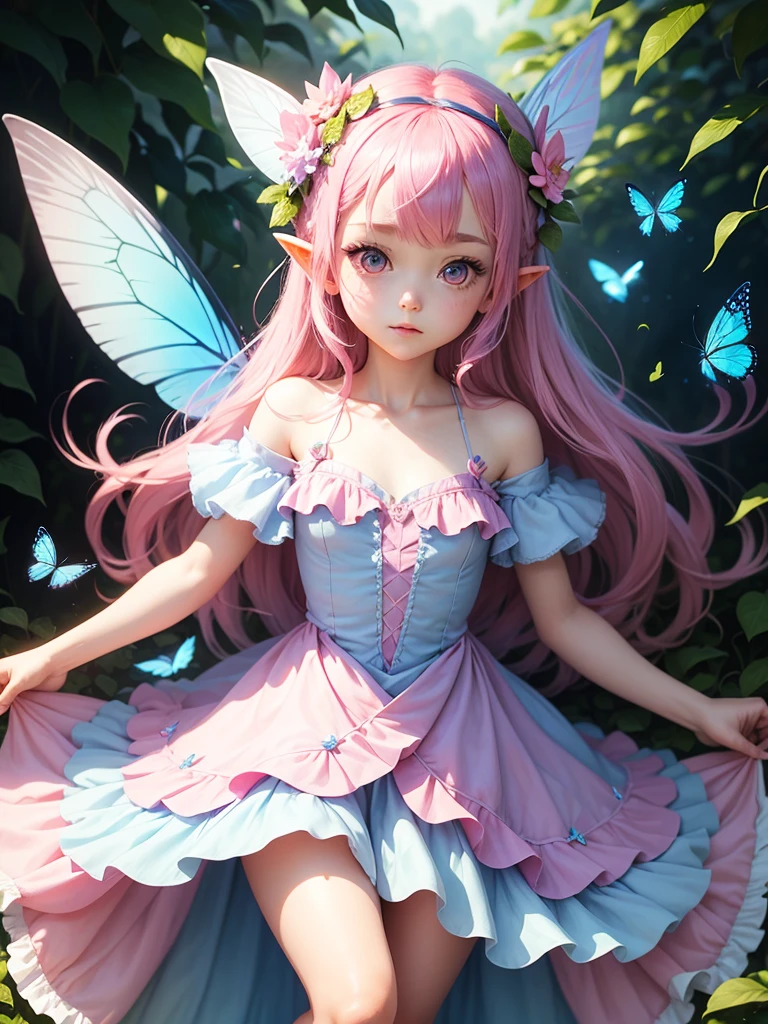 cute little Fairy, blue erfly, pink hair, pink eyes,  dress pointy ears dress made of petals leaves forward posture leaf flower flower crown thin feather