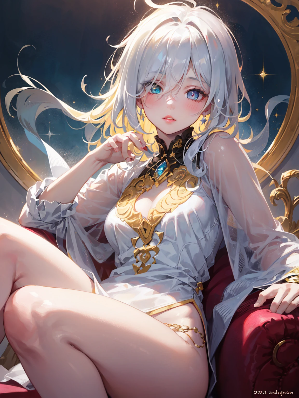 nordic young woman, cute face, seductive, perfect breasts, best quality, masterpiece, golden jewelry, white and golden clothes, (golden clothes:1), (white clothes:1.3), golden ornaments, shiny silk, golden stripes clothes, detailed textures, posing, casual pose, [blush], aesthetic, intricate, caustics, light rays, sunlight, (((soft lips))), (((glossy lips))), highly detailed, (semi-realistic:1.2), niloudef, detailed iris, sparkle eyes, star in eyes, enchanting blue eyes, (multicolored eyes), (shining dust), (heterochromia), (golden hair:1.3), (messy hair:1.3), (hair between eyes), (hair over one eye), (wavy hair:1.1), perfect legs