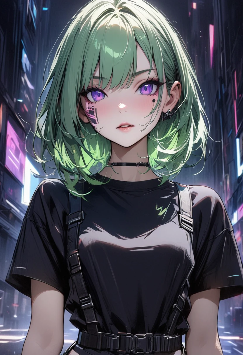Young girl light green hair purple eyes cyberpunk short sleeves high quality masterpiece complete facial details