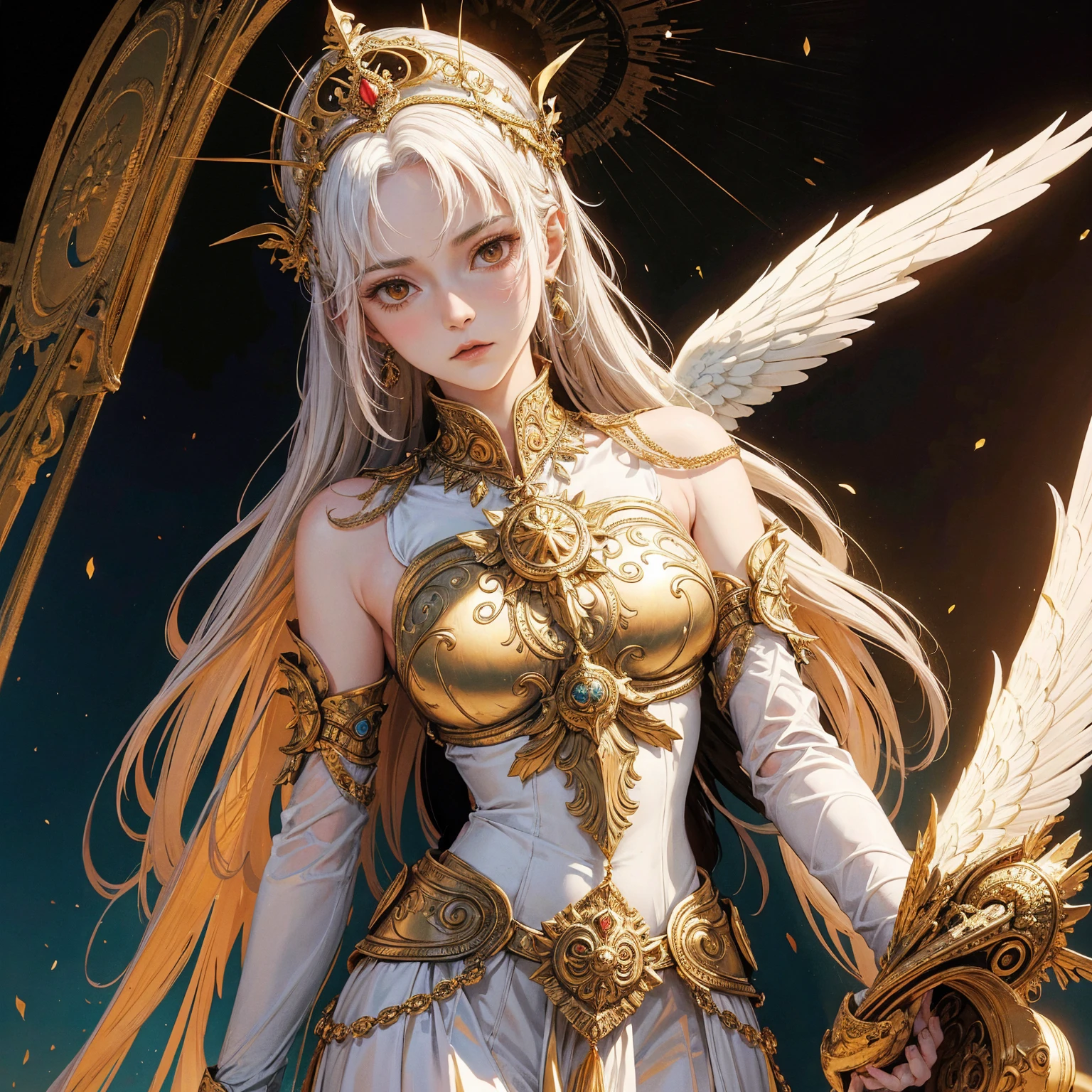 Art of a woman wearing a sun crown with giant angel wings behind her, The ancient goddess art of wearing a gorgeous breastplate and a gorgeous dress that exposes a small amount of skin above the chest., Sacredness. Very detailed, Mysterious inspiration, Inspiration from the Sun God, Religious inspiration, Extremely cold and snobbish face, Dangerous expressions, Serious expression, White hair, Standing, Full body portrait, Gothic art style, Weird art style, Occult art