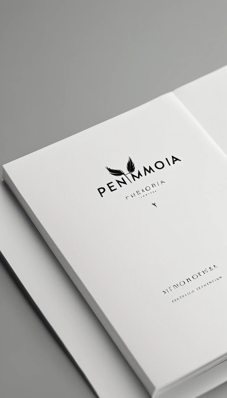 A minimal, modern, simple, cinematic logotype for the brand “Penamemoria". The logotype must be a simple, magical feather. The logo must convey a sense of music, stories and dreams. Logo design impressed on a book cover. Minimalistic logo