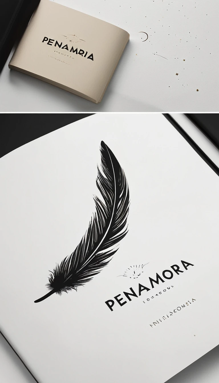 A minimal, modern, simple, cinematic logotype for the brand “Penamemoria". The logotype must be a simple, magical feather. The logo must convey a sense of music, stories and dreams. Logo design impressed on a book cover. Minimalistic logo