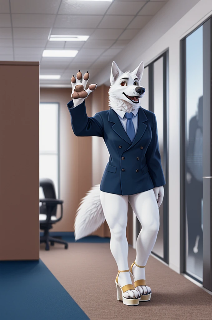 Barbara\(Moscow\), (white body:1.3), White fur, Brown eyes, Moscow, dressed, blazer, shirt, tie,trousers,pink open toe sandals,platform heels,canine, wolf, detailed fur, female, breast, second, paw pads, finger claws, waving, waving at viewer, 5 fingers, paws, 4 toes,ring,
BREAK from nextel, for dating, by xenoforge, (difficult, high detail, film photography, soft focus, RAW Сидит,Office,
photorealism, realistic, photorealistic, digital style, Subsurface scattering,
masterpiece, Best quality, ultra realistic, 8 thousand.)