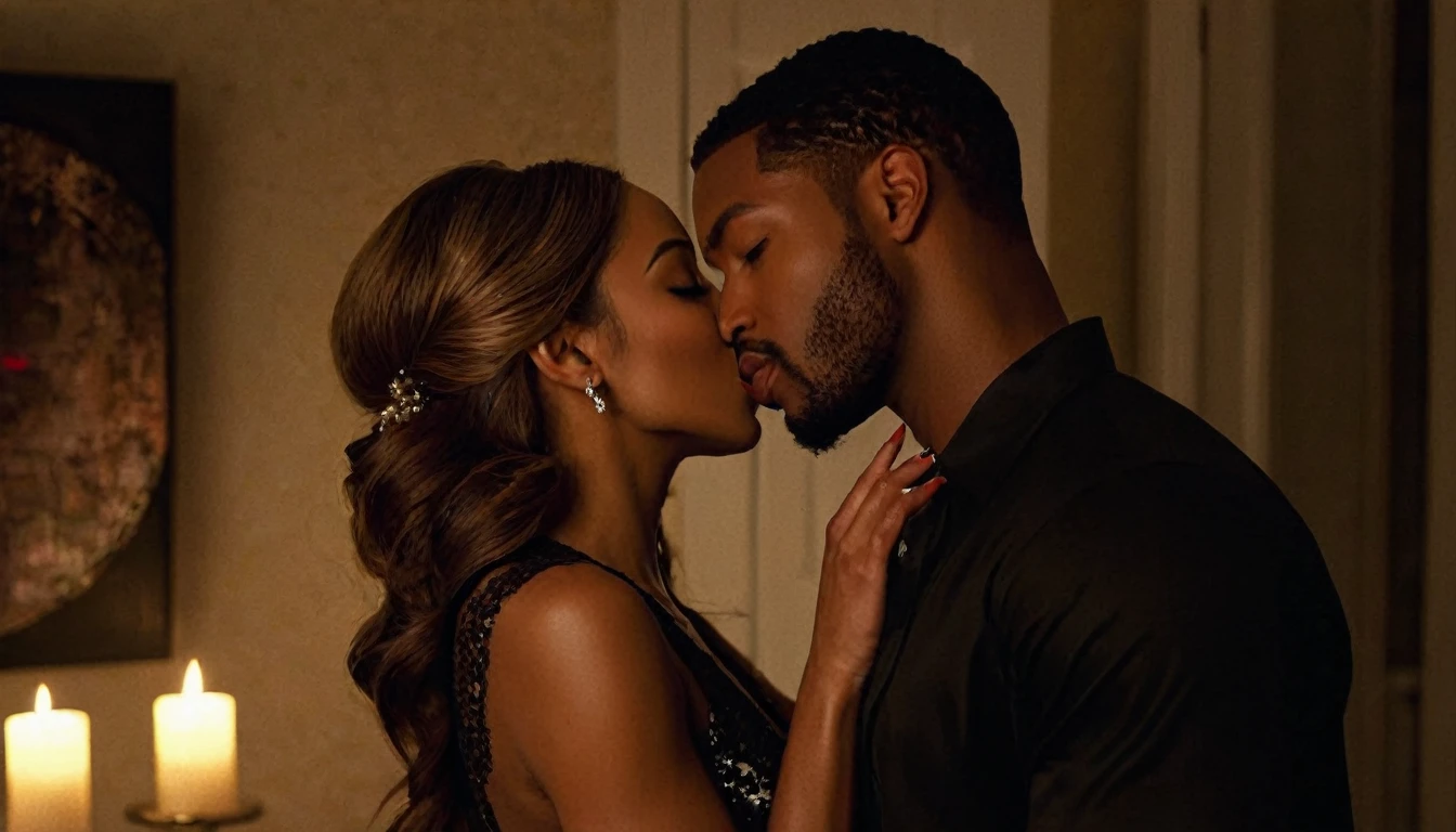 Shay Laren and a handsome African American male whose facial features are a combo of Charles Michael Davis + Broderick Hunter share a steamy kiss inside a bedroom lit only by candlelight. Shay has lovely makeup on her face. Shay wears red lipstick. Nighttime. Romantic ambiance. Symmetrical eyes. Symmetrical faces. Lovely details. Photorealistic. Full-colored photo. Professional photo. Highly detailed 8K.