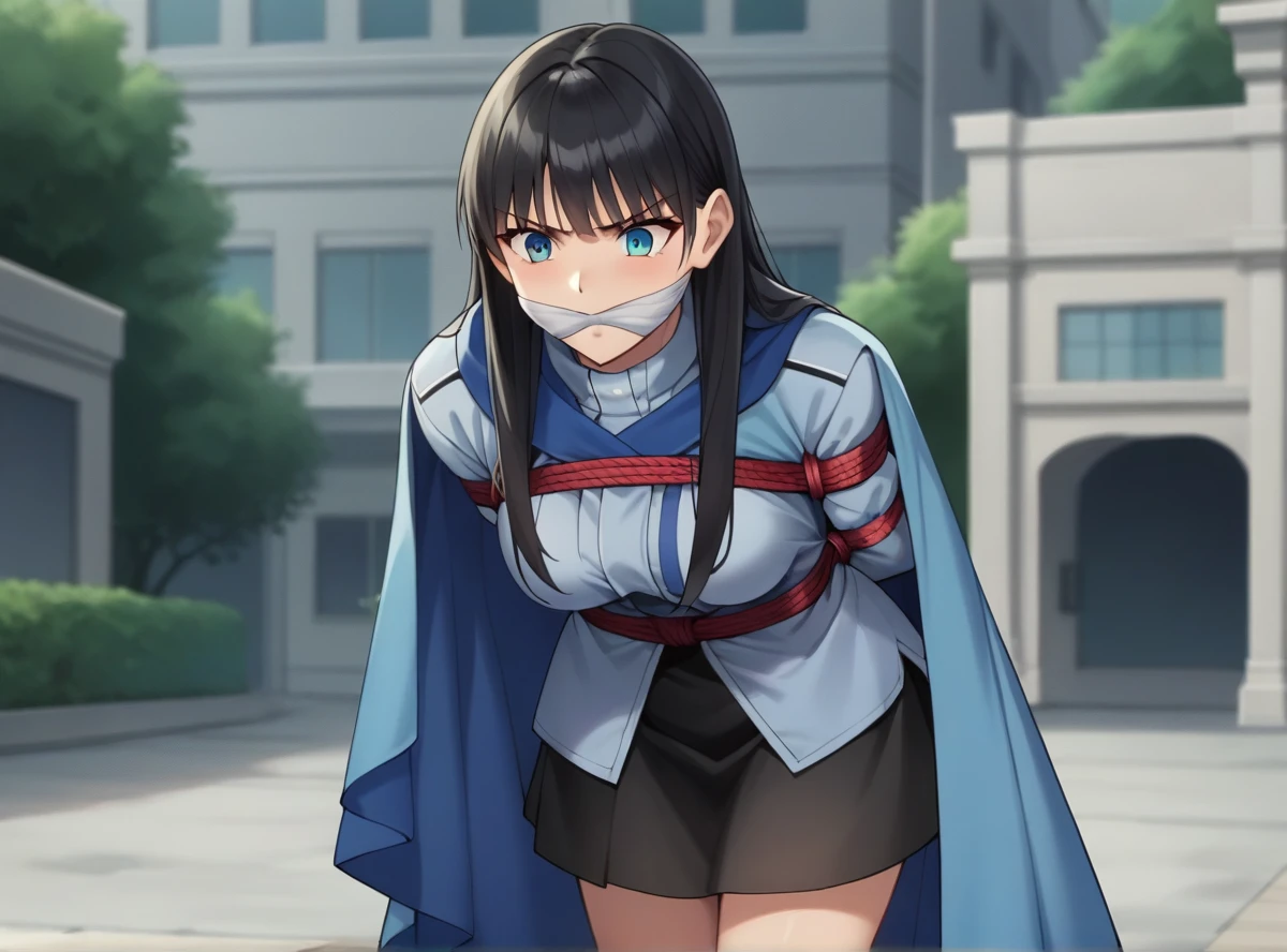 score_9, score_8_superior, score_7_superior, score_6_superior, score_5_superior, score_4_superior, Break Source_anime, masterpiece  ,anime screencap,Kudrinie, Long Hair, bangs, Black Hair, Long sleeve, jewelry, ring, Iris,Cape, Severe, Outdoor, Leaning forward,Tied up with rope,gag,Struggling,superior半身