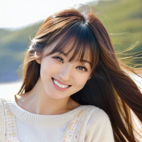 One woman、Long Hair, smile, Brown Hair, High resolution, Beautiful woman Japan in her 30s、
bangs, Image of face only from neck up、Hair blowing in the wind, Eyes are symbols, No background