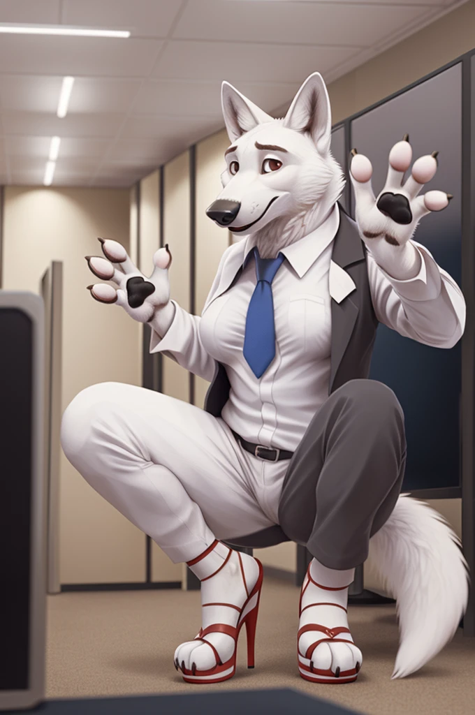 Barbara\(Moscow\), (white body:1.3), White fur, Brown eyes, Moscow, dressed, blazer, shirt, tie,trousers,pink open toe sandals,platform heels,fetish,canine, wolf, detailed fur, female, breast, second, paw pads, finger claws, waving, waving at viewer, 5 fingers, paws, 4 toes,ring,
BREAK from nextel, for dating, by xenoforge, (difficult, high detail, film photography, soft focus, RAW Сидит,Office,
photorealism, realistic, photorealistic, digital style, Subsurface scattering,
masterpiece, Best quality, ultra realistic, 8 thousand.)