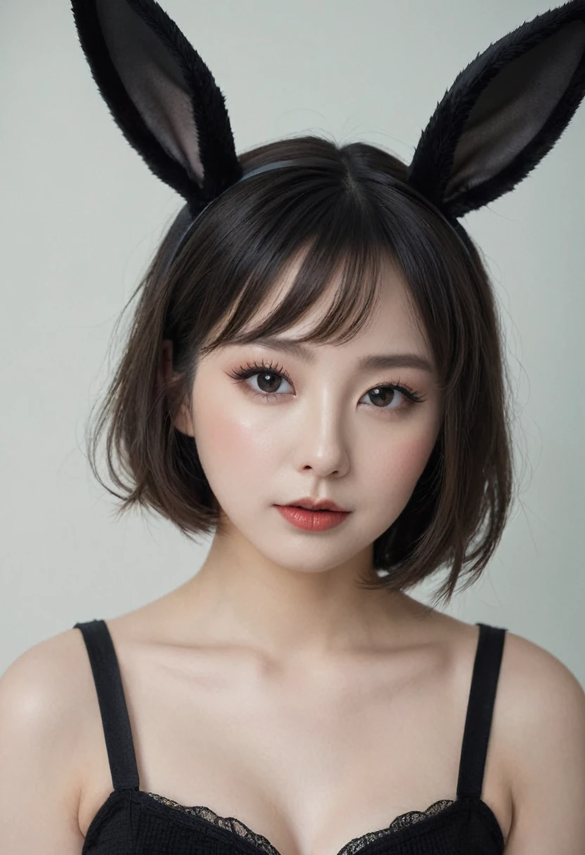 A woman wearing black rabbit ears and a black bunny suit, Bunny girl, She's at the casino,Trending on cgstation, Playboy Bunny, ultrarealistic sweet Bunny girl, Trending on cgstation, Young Gravure Idol, Young and skinny gravure idol, Young and cute gravure idol, Cosplay,Emphasize the chest,smile,No shoulder straps,Twin tails