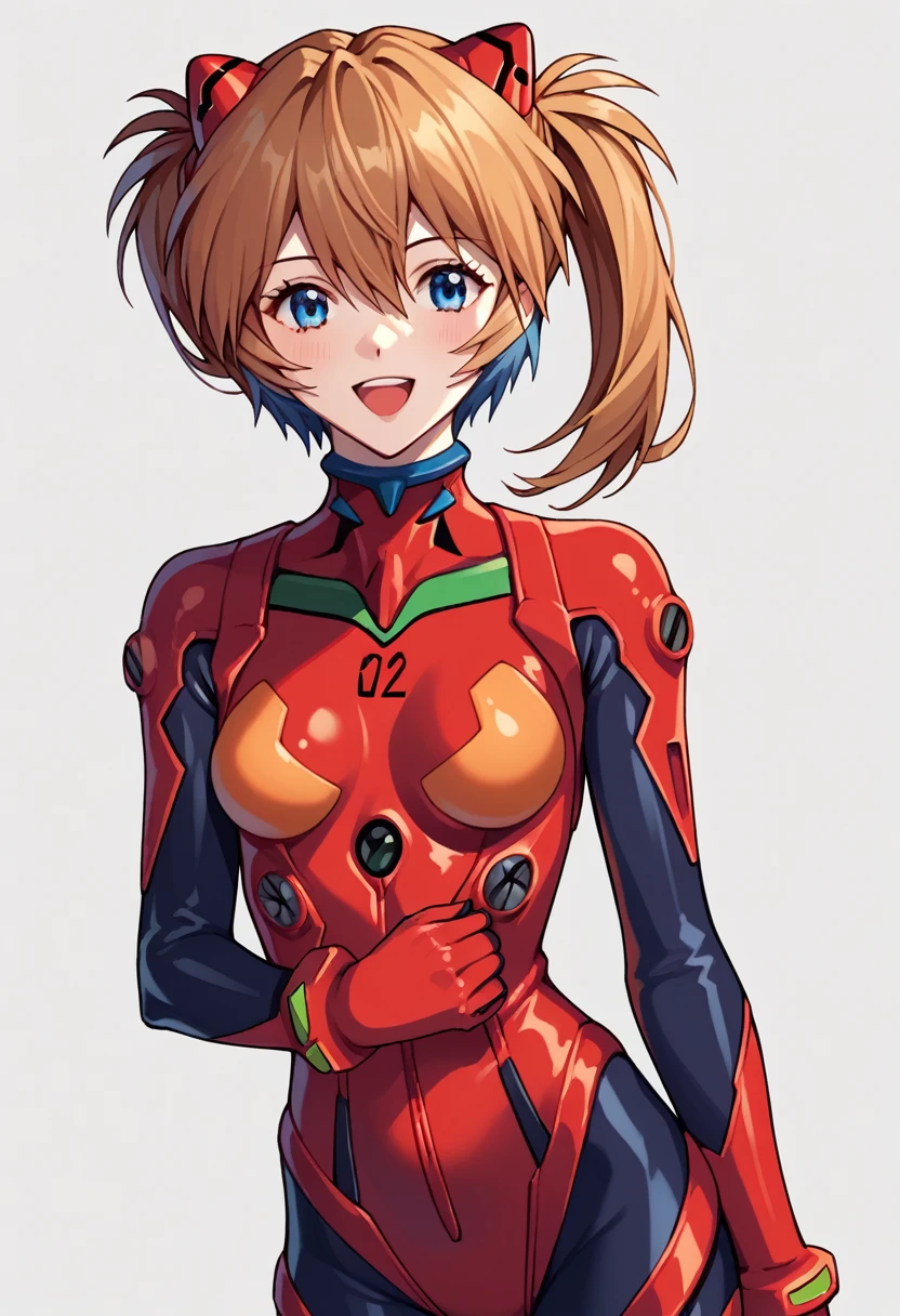 score_9, score_8_up, score_7_up,score_6_up, score_5_up, score_4_up , 1girl, solo, asuka langley soryu, long hair, bangs, blue eyes, brown hair, hair ornament, bodysuit, pilot suit, plugsuit, red bodysuit, interface headset, rei ayanami, ayanami rei, blue hair, short hair, red eyes, bodysuit, headgear, plugsuit, black bodysuit, happy, cowboy shot, simple background