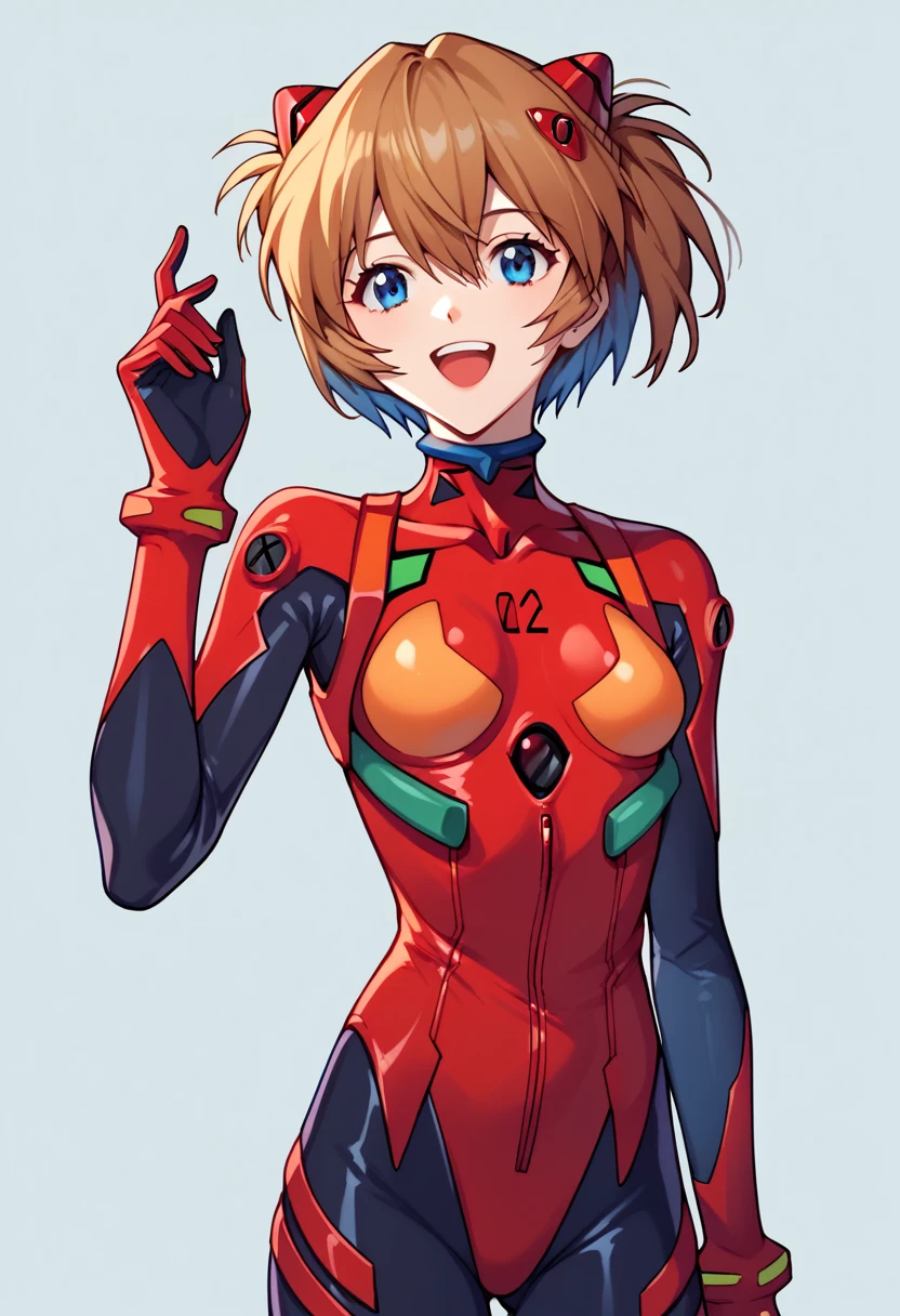 score_9, score_8_up, score_7_up,score_6_up, score_5_up, score_4_up , 1girl, solo, asuka langley soryu, long hair, bangs, blue eyes, brown hair, hair ornament, bodysuit, pilot suit, plugsuit, red bodysuit, interface headset, rei ayanami, ayanami rei, blue hair, short hair, red eyes, bodysuit, headgear, plugsuit, black bodysuit, happy, cowboy shot, simple background