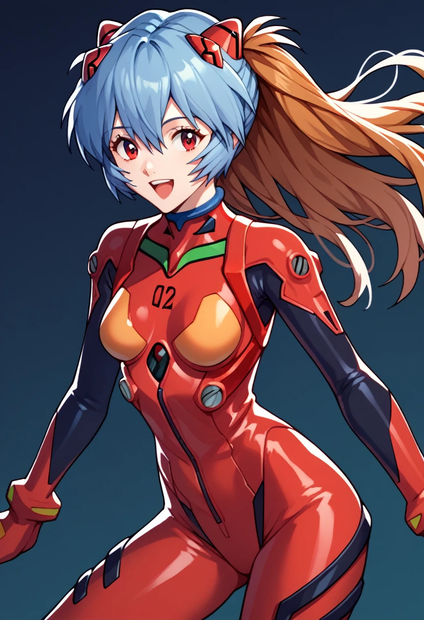 score_9, score_8_up, score_7_up,score_6_up, score_5_up, score_4_up , 1girl, solo, asuka langley soryu, long hair, bangs, blue eyes, brown hair, hair ornament, bodysuit, pilot suit, plugsuit, red bodysuit, interface headset, rei ayanami, ayanami rei, blue hair, short hair, red eyes, bodysuit, headgear, plugsuit, black bodysuit, happy, cowboy shot, simple background