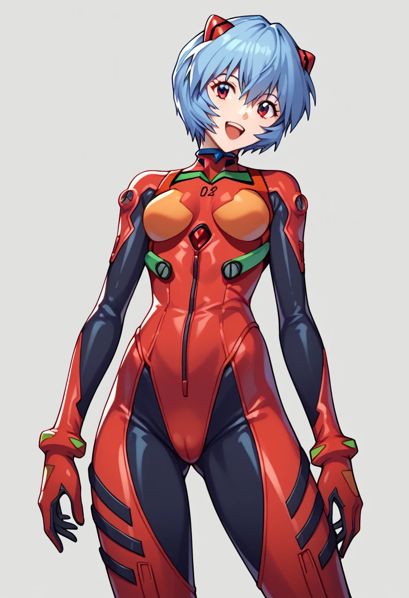 score_9, score_8_up, score_7_up,score_6_up, score_5_up, score_4_up , 1girl, solo, asuka langley soryu, long hair, bangs, blue eyes, brown hair, hair ornament, bodysuit, pilot suit, plugsuit, red bodysuit, interface headset, rei ayanami, ayanami rei, blue hair, short hair, red eyes, bodysuit, headgear, plugsuit, black bodysuit, happy, cowboy shot, simple background