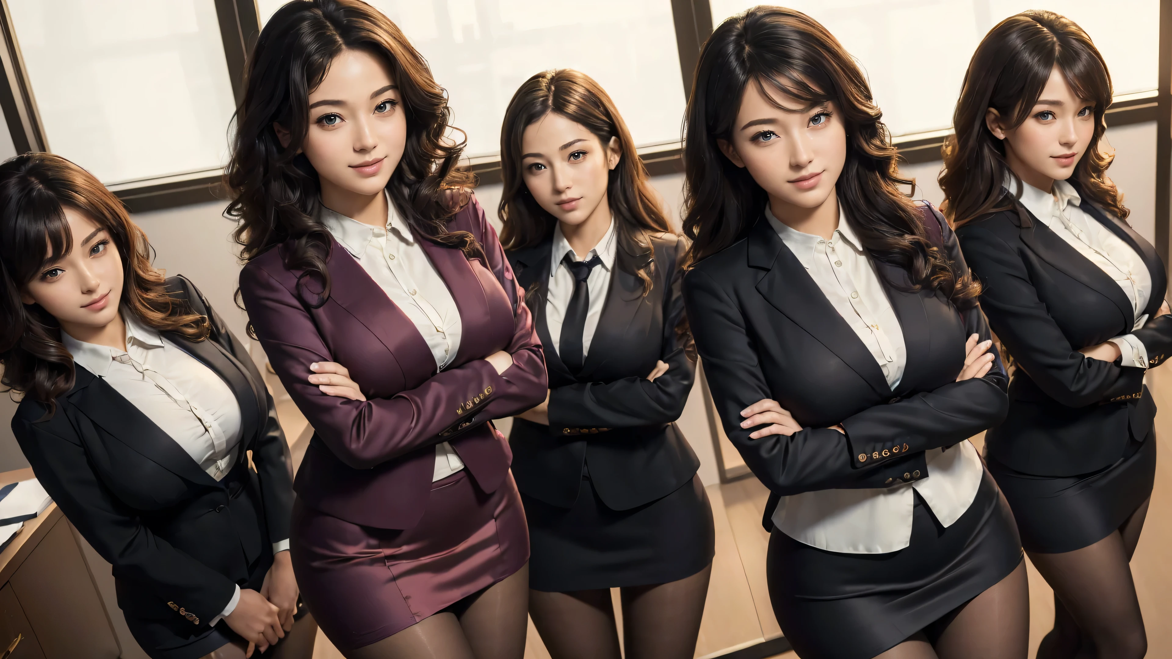 (best quality, masterpiece:1.5), (ultra-detailed, realistic:1.37),4K,(5woman:1.5),(smile:1.2),(group photo),japanese,cute,beautiful,curly hair,(big breast),(silk office suits),skirt,blouse,(black pantyhose),beauty legs,(sexy pose:1.1),(crossed arms:1.2),(angle from above:1.2),