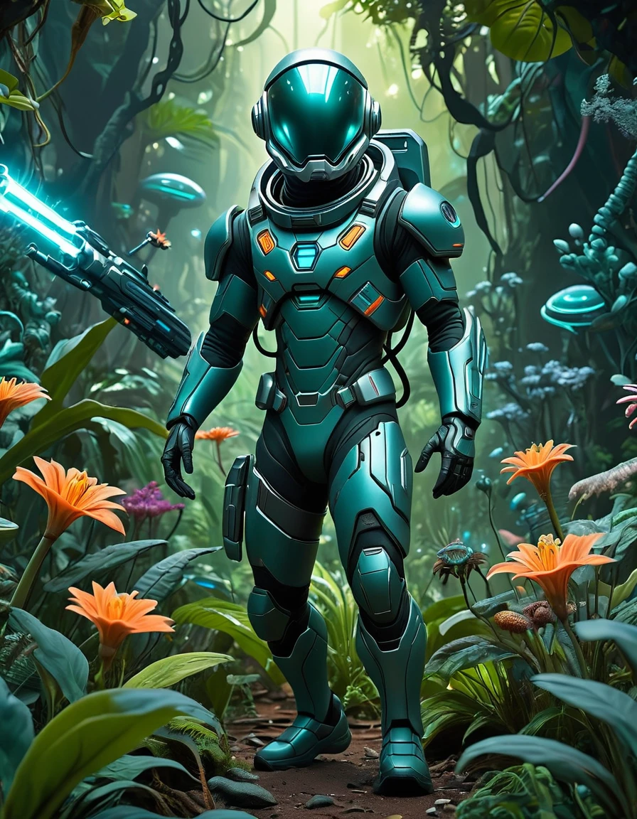 Concept art of a space explorer in a high-tech suit with a plasma rifle, surrounded by alien flora and fauna, while other explorers in the background defend against alien creatures, teal and silver color scheme, extraterrestrial jungle with bioluminescent plants and alien technology, digital painting in the style of ArtStation, intense action scene