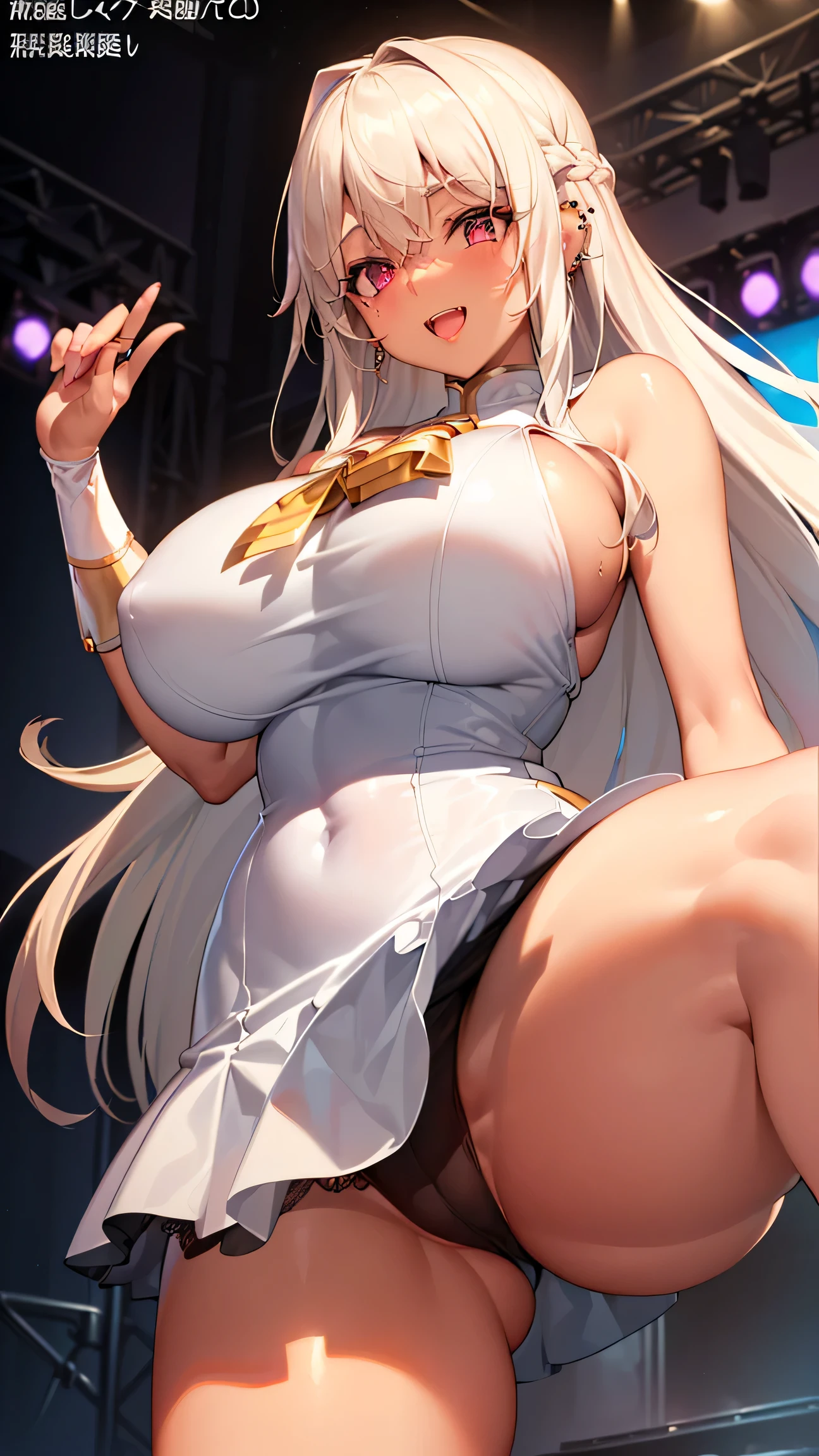 (((masterpiece、best quality、Very detailed)、((A girl))、Light pink skirt，Magical girl，，((blond、Dark Skin，bronze skin，Very long hair、Cover your eyes))、Pink Eyes、Smile，（（Dark skin 1.5））、（（Lace edge pattern））、((There are many piercings))、((Large Breasts))、Dark Magical Girl，Cowboy shooting、Shot from below、Open your legs，Purple Light，Nightclub，on stage，Purple Light，((best quality)), ((masterpiece)), (detailed), (character focus、Breast Focus,whole body), Anime 2D Rendering, Realistic young anime women, Five fingers, Perfect face, Beautiful details, Beautiful Body, Beautiful breasts, Beautiful thighs, (Huge breasts)、Beautiful Feet, (Skin burns), baby face、A girl，Lace、She turned her face and body toward the audience，Beautiful face and charming shyness，eternal，Hair Cover your eyes，（Large Breasts），Shy，Exceed，Thick Legs，Fascinating three-dimensional,Fascinating three-dimensional，Fascinating three-dimensional，Bright Black，（（前发Hair Cover your eyes）），night