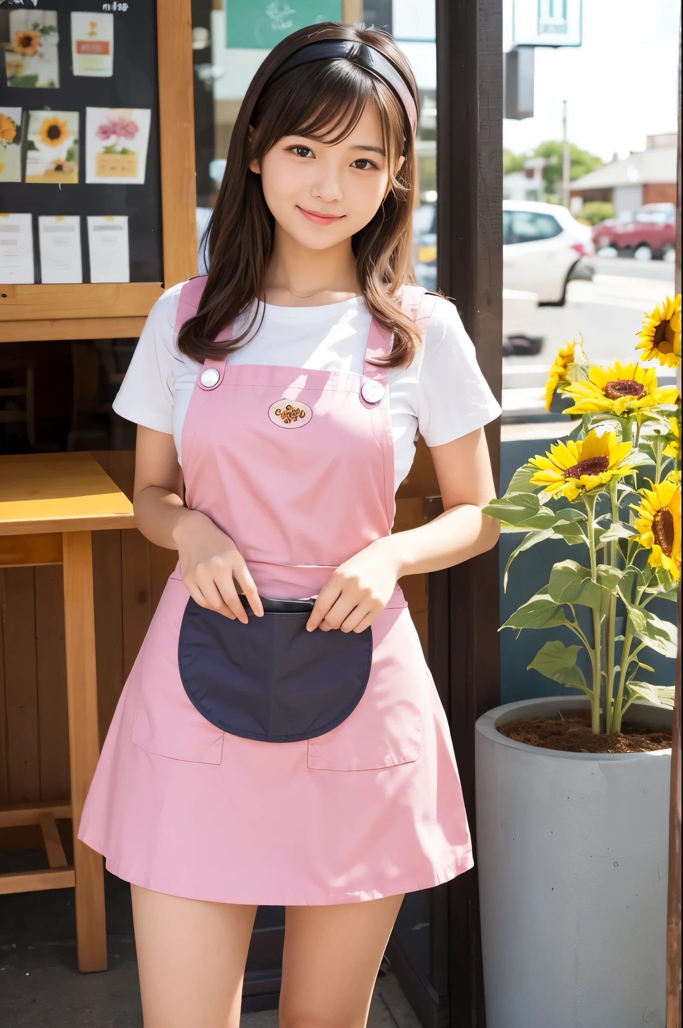 20 years old girl (Japanese cute face) is wearing mini skirt and pink apron and working at the cafe with sunflowers