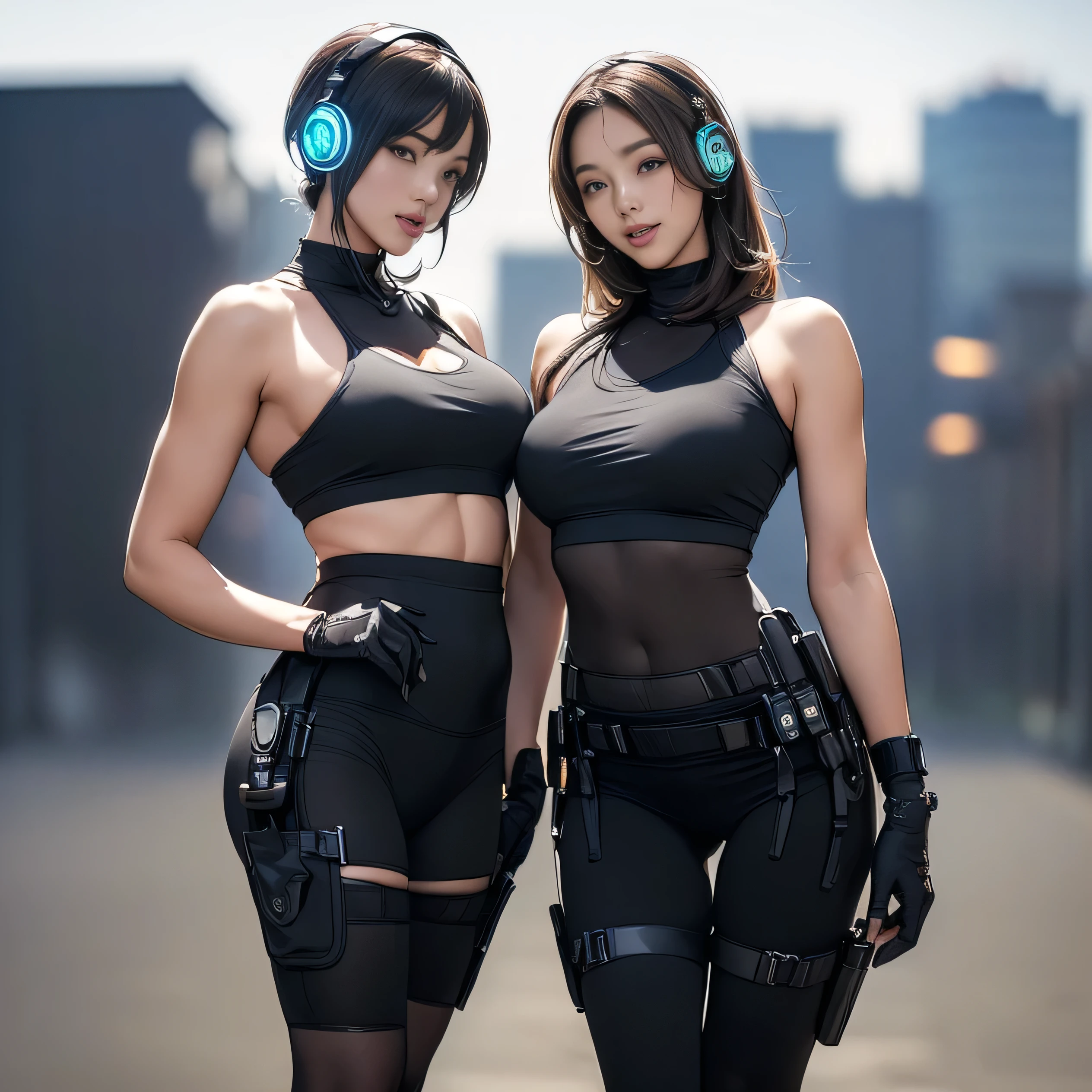 (Two Women),(((Women standing side by side:1.5))),((Black tactical tights:1.5)),((Black headphones:1.5)),((Black Tactical Holster:1.5)),(Black Gloves:1.5),((Wearing the same:1.5)),(Smile:1.5),(beautiful eyes:1.3),(Very detailedな顔:1.5),((Very detailed drawing of a female hand:1.5)),((muscular:1.5)),(Sexy appearance:1.5),((Thick thighs:1.5)),(Beautiful Body:1.5),((Very sensual:1.5)),(Background is the city:1.5),(((Blurred Background:1.5))),(Written border depth:1.5),rest(((masterpiece:1.5),(best quality:1.5),(Very detailed:1.5),(high resolution:1.5),(Practical:1.5),(Practical:1.5),(Delicate depiction),(Carefully drawn))),8k,wallpaper