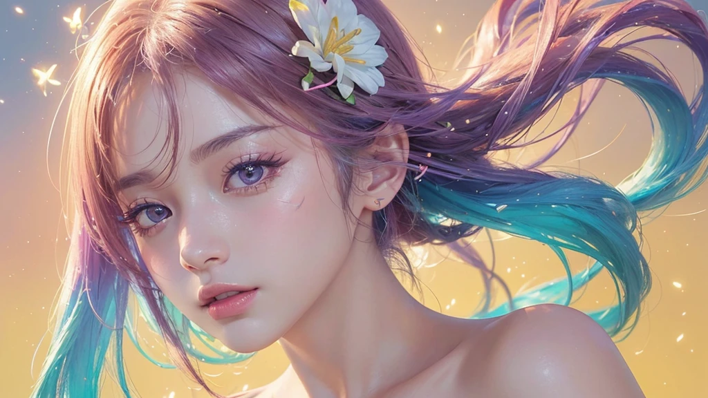 One girl, alone, flower畑, flower, (Official Art, unity 8k wallpaper, Super detailed, beautifully、aesthetic, masterpiece ,Highest quality:1.3), (Dynamic Angle:1.2), (Floating colorful sparkles:1) , elegant, Vibrant colors, Highly detailed face, Detailed eyes, Glowing Skin, Glossy Lips , Pale yellow background,