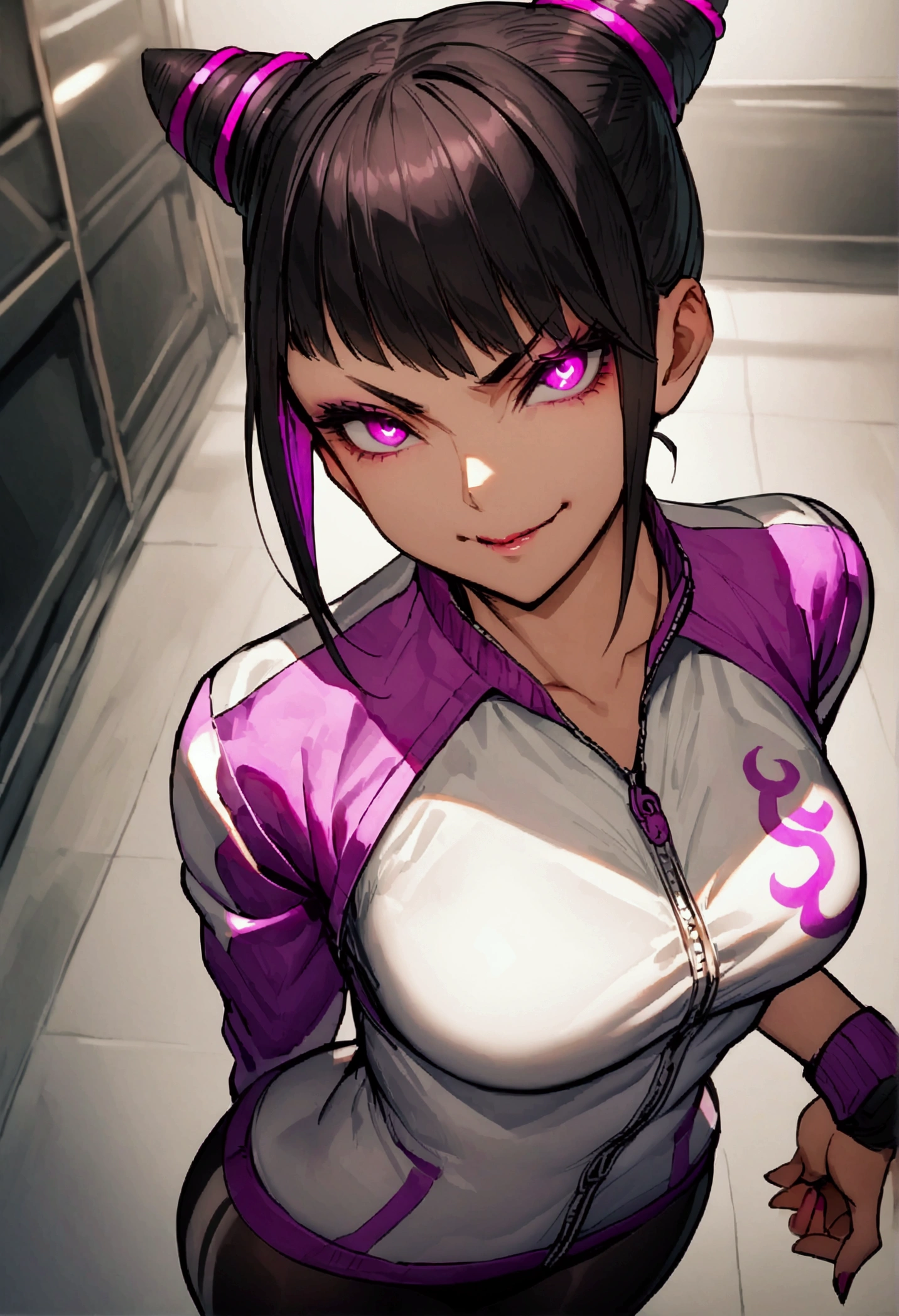 dark eye shadow,shining eyes,beautiful young fitness woman with , in a gym wearing May with black pantyhose, tight white and purple gym jacket. standing alone,hair horns,glowing purple eyes,Evil smile,legging preto ,labiaa,dark eye shadow,shining eyes
