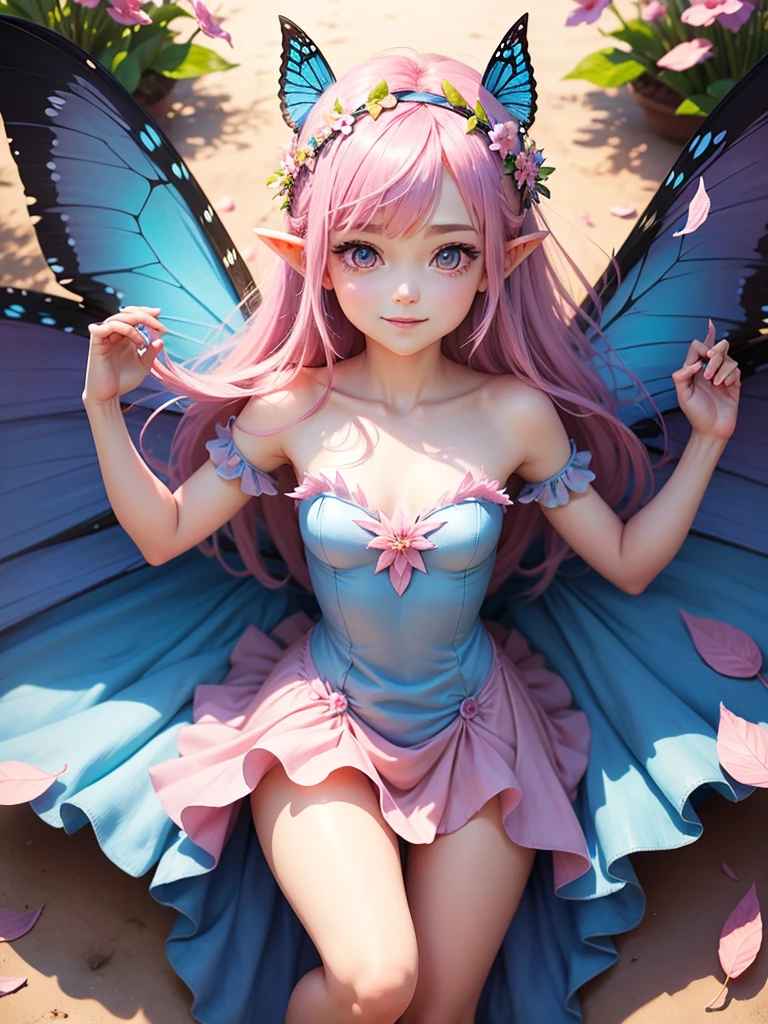 cute little Fairy, blue butterfly, pink hair, pink eyes,  dress pointy ears dress made of petals leaves forward leaning posture leaf flower flower crown thin feathers smiling gently