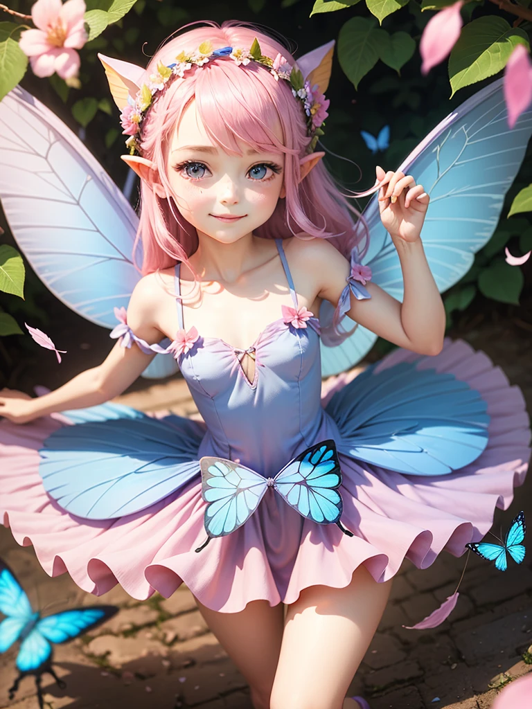 cute  Fairy, blue butterfly, pink hair, pink eyes,  dress pointy ears dress made of petals leaves forward leaning posture leaf flower flower crown thin feathers smiling gently