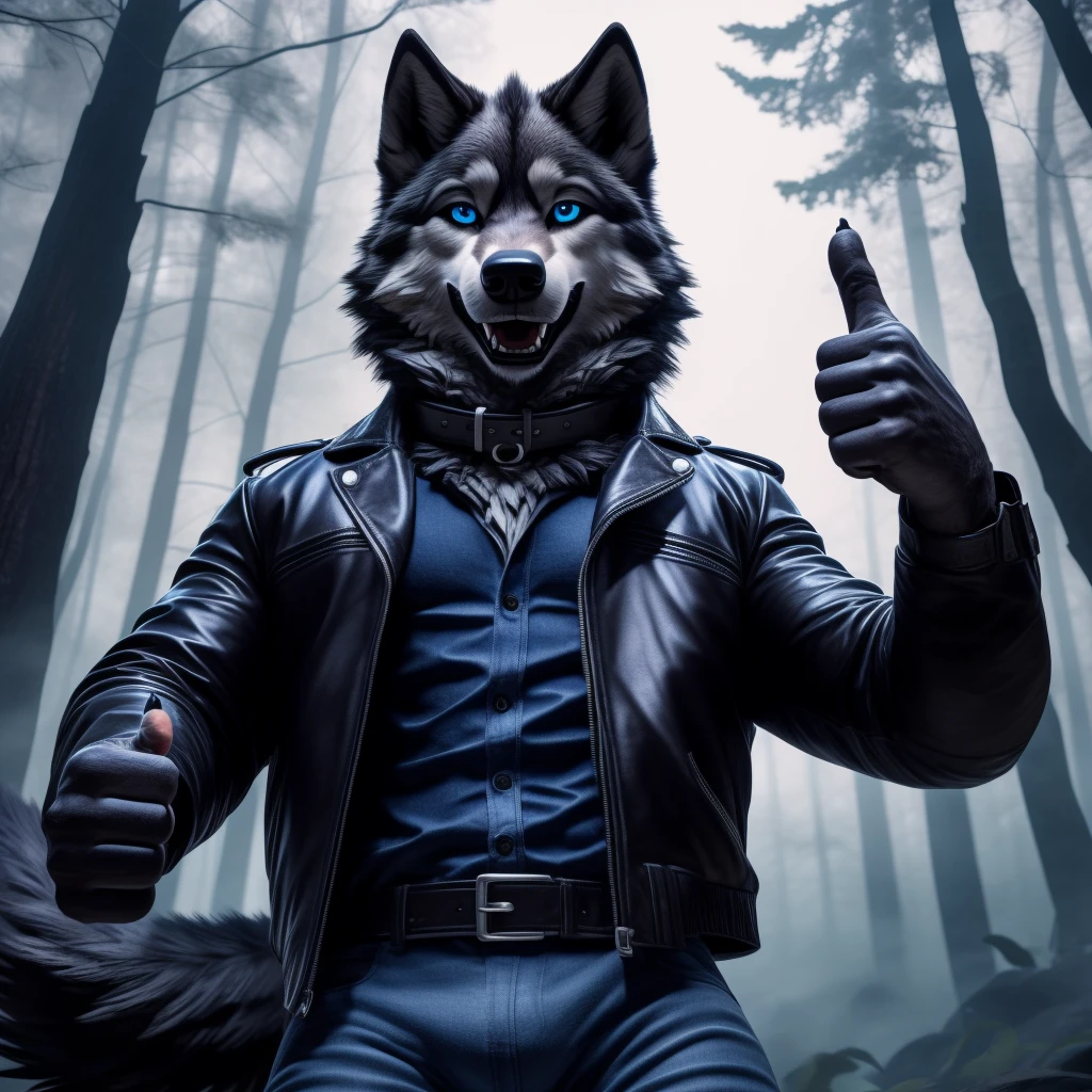 Posing, 1Male, 30 years old, cute, eyeliner, happy expression, black leather jacket, anthro, wolf ears, (black fur:1.5), wolf, forest background, 8k, hi res, (best quality, masterpiece), (wolf tail:1.5), detailed fur, solo, collar, blue jeans, blue eyes. dynamic angle, ultra-detailed, thumbs up