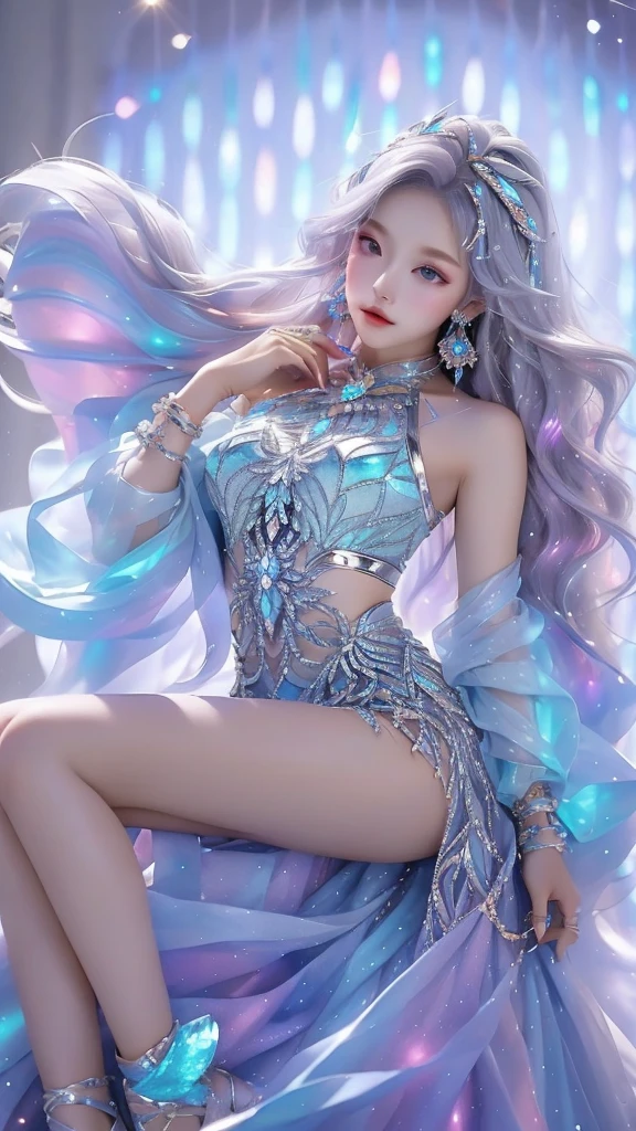 Best quality, 1 girl, Keda, Alone, Long gray hair, a blue dress, looking at viewert, upper part of body, Multicolored glowing crystals，Wearing an ankle-length skirt