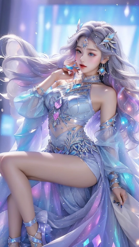 Best quality, 1 girl, Keda, Alone, Long gray hair, a blue dress, looking at viewert, upper part of body, Multicolored glowing crystals，Wearing an ankle-length skirt