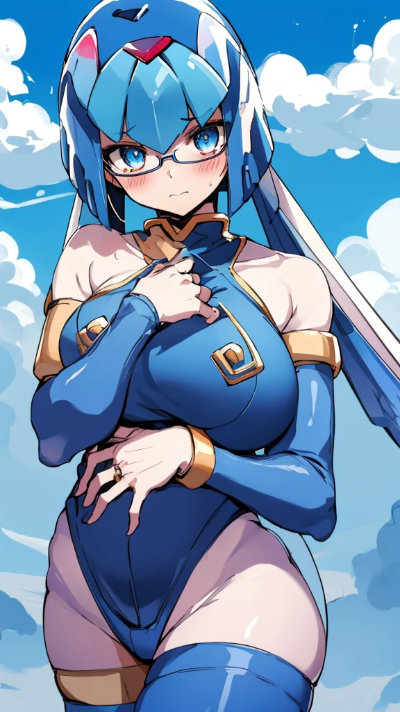 Leviathan_Megamanz, 1 Girl ,Looking at the viewer , blue hair, Blue eyes,Clouds background , Blushed, Wedding ring, Glasses, Holding a baby girl in hands