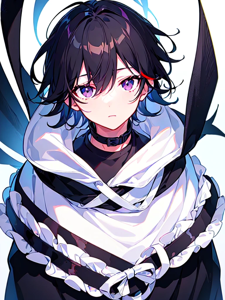 [(WHITE BACKGROUND:1.5),::5], ((((masterpiece)))), high quality, ultra very high resolution, full color, (((solo))), ((little boy)), Black hair, ((White streaked hair)), (Black eyes), anime, ((upper body)), black parka, 