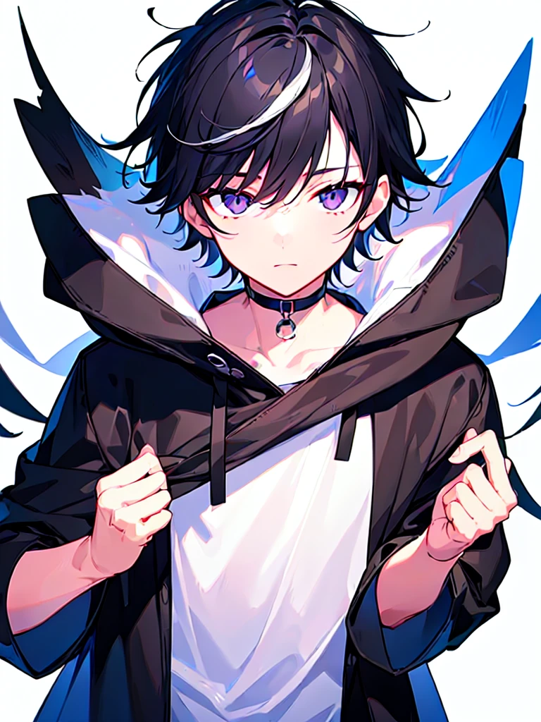 [(WHITE BACKGROUND:1.5),::5], ((((masterpiece)))), high quality, ultra very high resolution, full color, (((solo))), ((little boy)), Black hair, ((White streaked hair)), (Black eyes), anime, ((upper body)), black parka, 