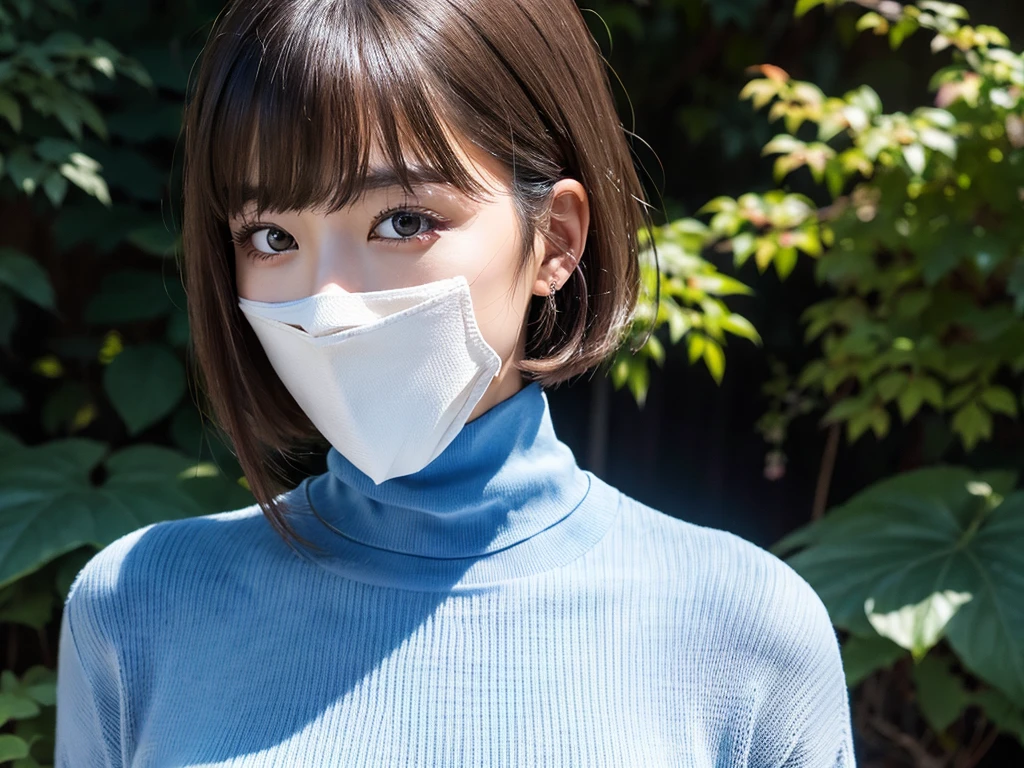 (((masterpiece, best quality,ultra-detailed,8k,high resolution))), (upper body),24 years old ,Japanese girl, 1girl, short hair, (((turtleneck sweater))),(Cover face with a turtleneck sweater:1.7),grabbing turtleneck collar