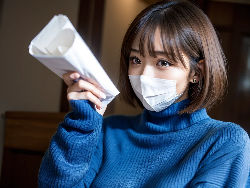 (((masterpiece, best quality,ultra-detailed,8k,high resolution))), (upper body),24 years old ,Japanese girl, 1girl, short hair, (((turtleneck sweater))),(Cover face with a turtleneck sweater:1.7),grabbing turtleneck collar