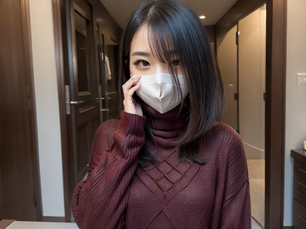 (((masterpiece, best quality,ultra-detailed,8k,high resolution))), (upper body),24 years old ,Japanese girl, 1girl, short hair, (((turtleneck sweater))),(Cover face with a turtleneck sweater:1.7),grabbing turtleneck collar