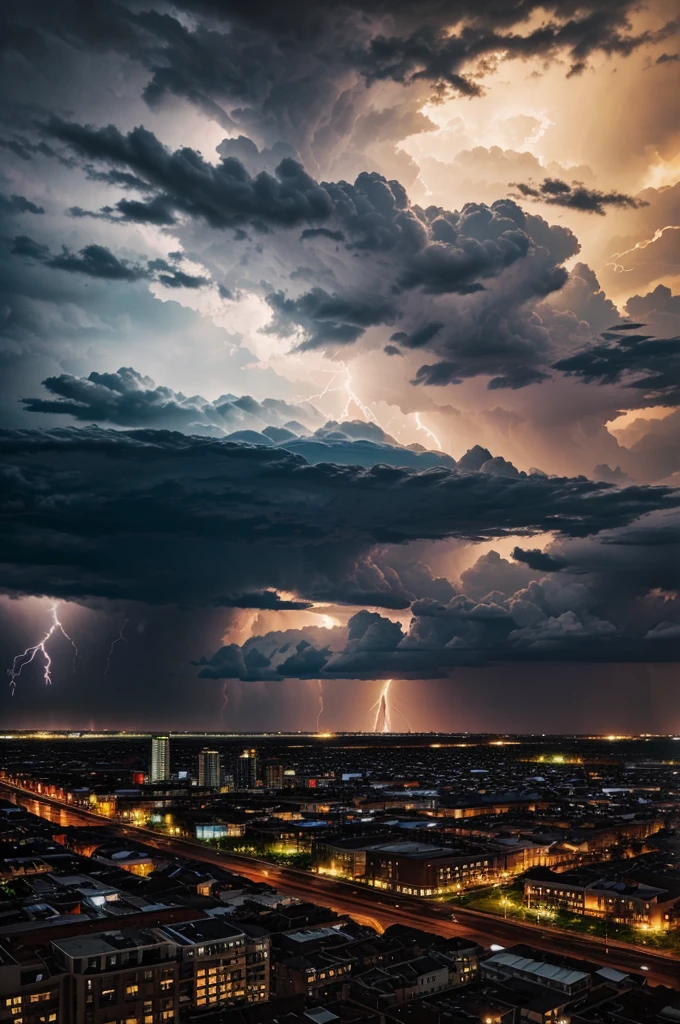 With dark tones and backlit resolution, this oil painting depicts a thunderstorm over a cityscape.