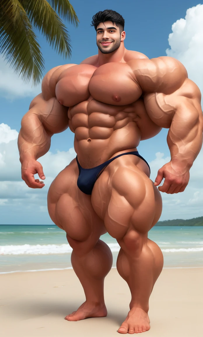 4 meter tall young man with a goatee and long curly black hair. 20 years old. Young face. Standing relaxed in a beach city. Muscular. Wearing a small black thong. Big ass. Pale white skin. Smooth body and face. Belly seen. Long long legs. barefoot, small smile, big bulge in thong, show abs, wide huge shoulders, very tall. high detail face. show full height, full body view, same hight point of view. show full height from toe to head. Wet body. Huge protruding female  and huge swollen nipples, thick neck, long body, long torso, long legs, fat ass, huge bubble butt, ten pack abs, soft muscles, tropical beach, realistic, body covered in droplets of water, 