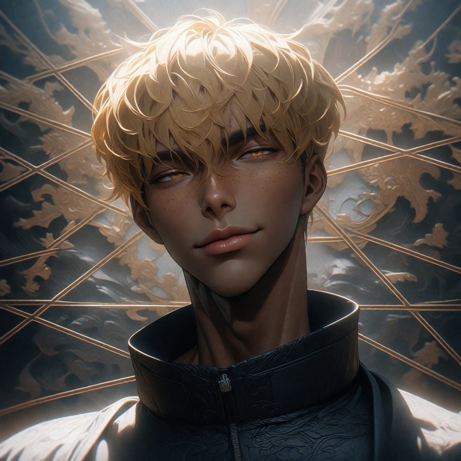 (masterpiece:1.2), (best quality), (ultra detailed), (8k, 4k, intricate),(half-body-shot:1), (highly detailed:1.2),(detailed background:1.2),((dark skin, handsome face,lips)) Portrait of an dark skin anime boy with platinum yellow hair and black jacket looking at camera, tall anime guy with light yellow eyes, winking expression, freckles