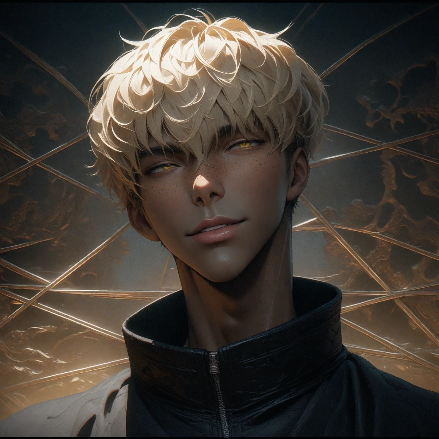 (masterpiece:1.2), (best quality), (ultra detailed), (8k, 4k, intricate),(half-body-shot:1), (highly detailed:1.2),(detailed background:1.2),((dark skin, handsome face,lips)) Portrait of an dark skin anime boy with platinum yellow hair and black jacket looking at camera, tall anime guy with light yellow eyes, winking expression, freckles