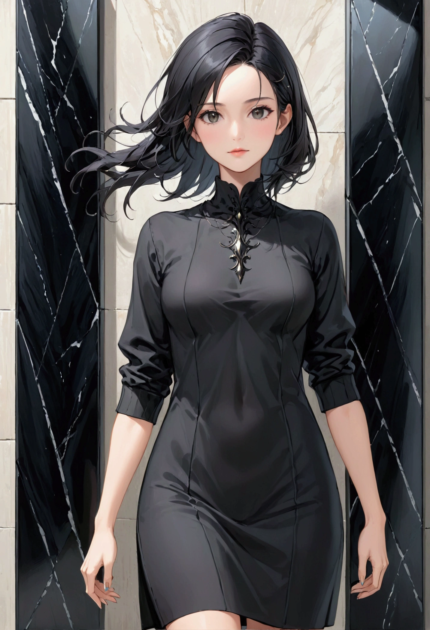 Mature Girl with dark onyx hair, dark onyx eyes,tall rectangular body figure, casual wear