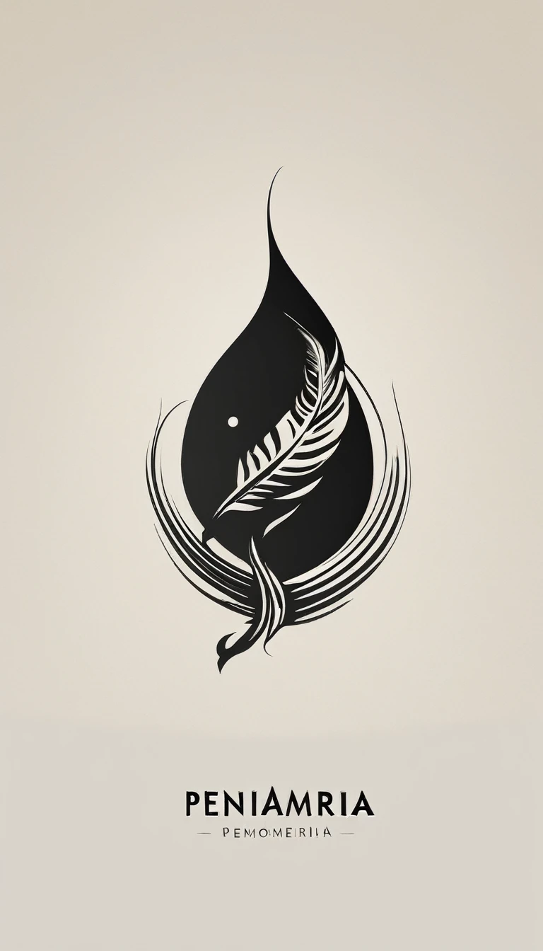 A minimal, modern, simple, cinematic logotype for the brand “Penamemoria". The logotype must be a simple, magical feather and a boy playing acoustic guitar. The logo must convey a sense of music, stories and dreams. Logo design impressed on a book cover. Minimalistic logo