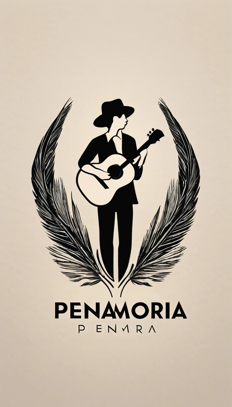 A minimal, modern, simple, cinematic logotype for the brand “Penamemoria". The logotype must be a simple, magical feather and a boy playing acoustic guitar. The logo must convey a sense of music, stories and dreams. Logo design impressed on a book cover. Minimalistic logo
