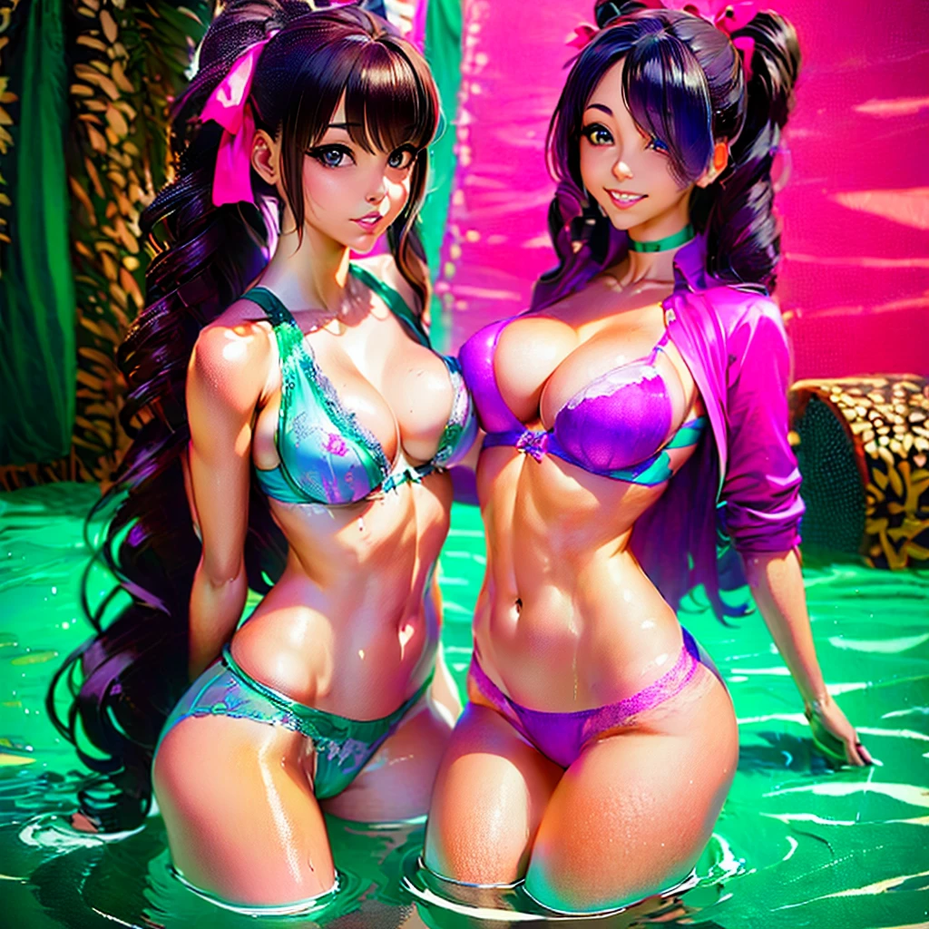 anime girl wearing pink wet clothes, realistic shadows, detailed skin, very small , black hair, hair ribbon, very detailed, 8k highly detailed face, perfect face shape, perfect lips, perfect nose, correct beautiful eyes, watching viewer, masterpiece, best quality, single girl, no bra, no panties