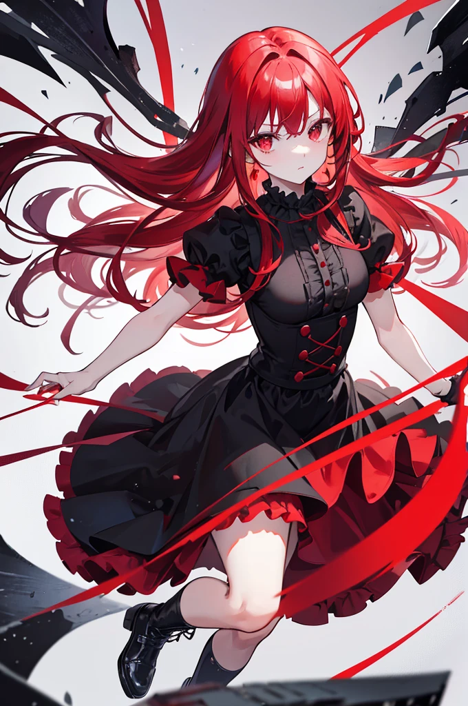 red hair, red eyes, red ruffle dress, black trim on dress, black gloves and shoes, big black ribbon above head, forehead hair