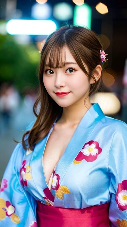 Perfect lighting, high quality, Tabletop, Portraiture, One Girl, Japanese Girls, blue yukata, Big Breasts, Cleavage, Brown eyes, Light brown hair, A light smile, Break Festival, Floral, Typically, lanthanum, Red lips,short hair, Long sleeve, Dynamic pose, Motion Blur, heart, Outdoor break, paper lanthanums, Realistic, alone, Summer festival,